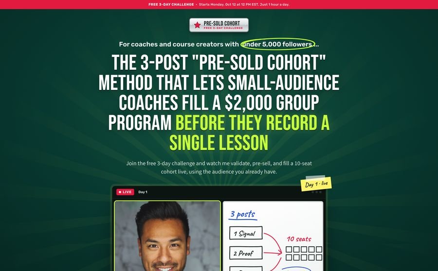 3-Post Pre-Sold Cohort Challenge landing page